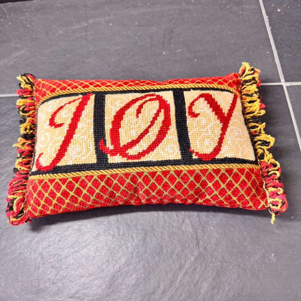 Handmade JOY Needlepoint Lumbar‎ Pillow Red Gold Fringe Accent Decor